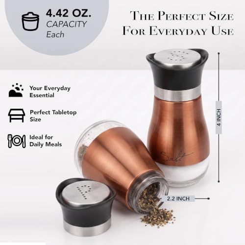 Circleware Cafe Contempo Elegant Glass Salt and Pepper Shakers Dispenser, Clear Bottom Jar Bottle Container with Stainless Steel Top, Perfect for Himalayan Seasoning Herbs Spices, 4.4 oz, Copper - Image 6