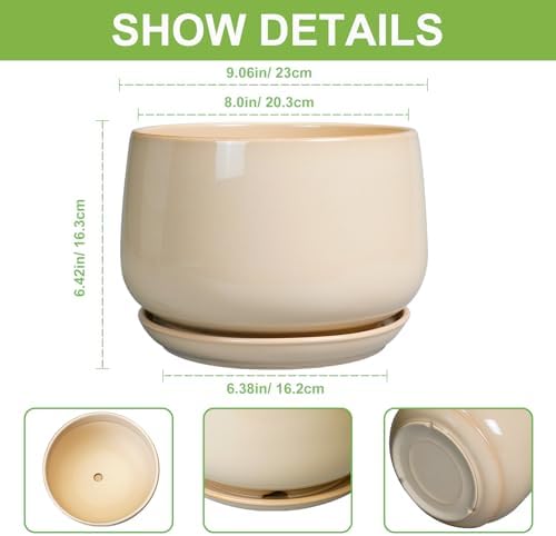 G EPGardening Ceramic Plant Pots - 9 Inch Round Planter, Ceramic Flower Pots with Drainage and Saucer, Modern Indoor Outdoor Planter, Room Decor, Home Gifts, Beige - Image 3