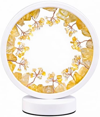 Runyangshi Crystal Lamp，Natural Crystal Citrine Small Tree Round White Frame Tri-Color Ambient Light Home Decoration Night Light Healing Decor Gift by Runyangshi