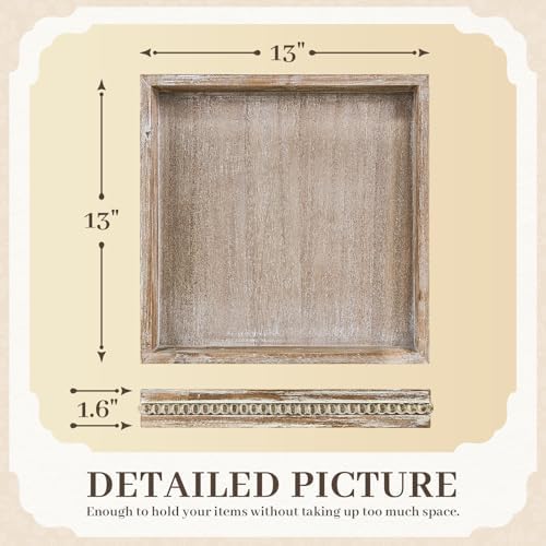 Wooden Decorative Tray, Small Serving Tray with Wood Bead, Farmhouse Big Tray for Ottoman, Countertop, Coffee Tabl, 13" x 13"x 1.6" (White Washed) - Image 2