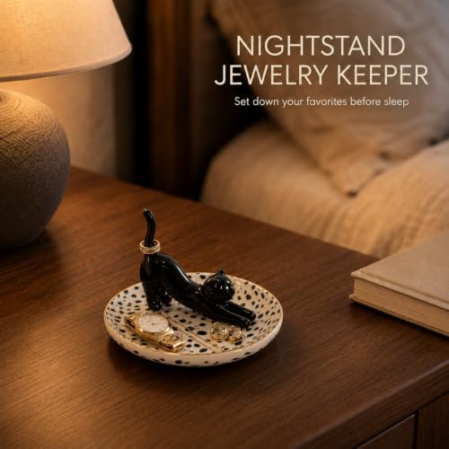 Ceramic Cat Ring Holder Dish, Black Polka Dots - Image 4