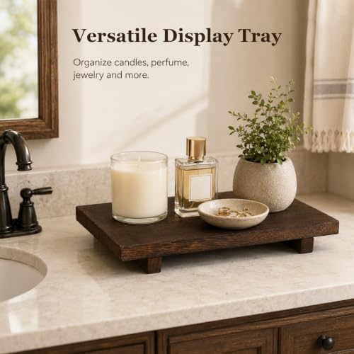 11.8 x 6 Inch Large Solid Wood Elevated Riser Pedestal Stand, Rustic Farmhouse Decorative Display Tray for Kitchen Counter Sink Bathroom Vanity, Holds Soap Plants Candles Perfume Bottles, Brown - Image 4