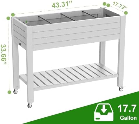 Elevated Resin Raised Garden Bed, 33.7in Height Raised Planter Box with Drainage Holes, Lockable Rotating Wheels & Bottom Storage Shelf, Stake Support, Easy Assembly for Patio Lawn Backyard Balcony - Image 2