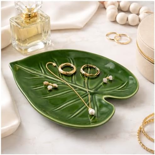 Elegant Ceramic Trinket Tray & Ring Holder Dish, Unique Bathroom Decor, Jewelry Catchall, & Small Present for Mom, Sister, or Best Friend, Modern Vanity Accessory (Green Leaf Ceramic) by Unknown