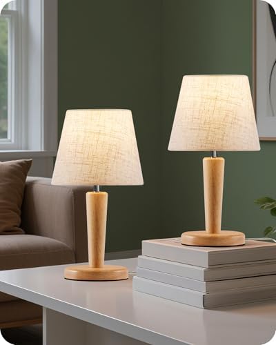 12" Wood Bedside Table Lamps Set of 2, Small Desk Lamps for Small Places, 3 Color Temperatures with Memory, Beige Linen Shade & E26 Bulbs, for Bedroom Living Room Office ME13TLP205 by GOEBLESON