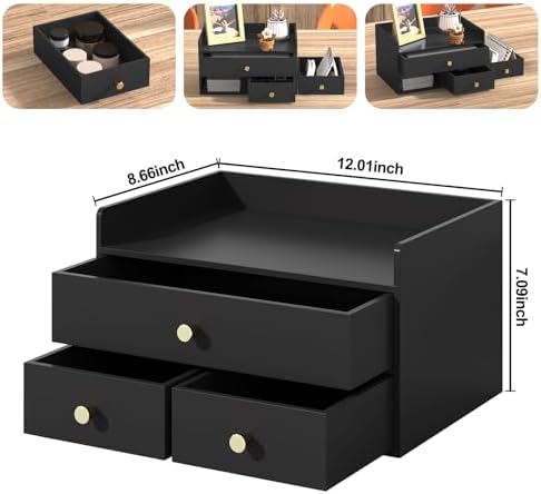 Bamboo Desk Organizer with Drawers,Wooden Desktop Storage (3 Drawers,Black) - Image 2