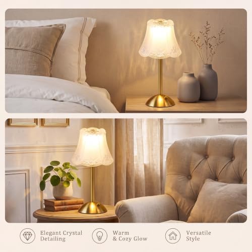 Liliful 2 Pcs Cordless Table Lamp LED Touch, Gold, Floral Lace Style - Image 6