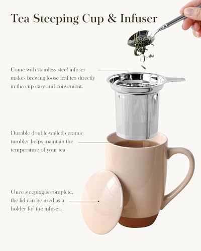 MALACASA Ceramic 18 oz Tea Mug with Lid and Infuser, Khaki Pink - Image 5