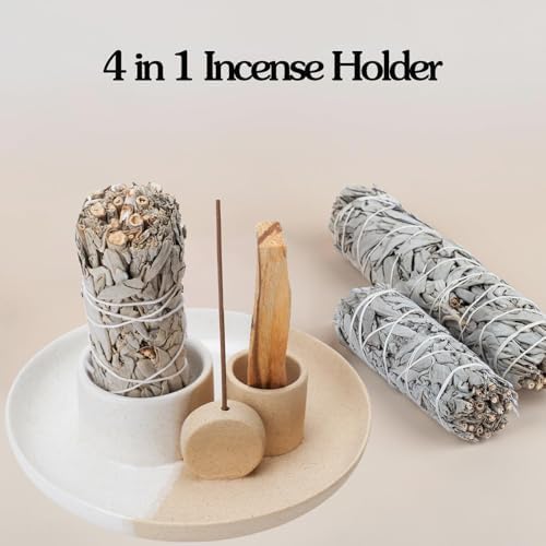 4 in 1 Incense Holder, Ceramic Incense Stick and Palo Santo Holder,Sage Holder for Burning- 4.25" Ceramic Ash Catcher Tray for Meditation and Yoga Room (White Sand) - Image 4