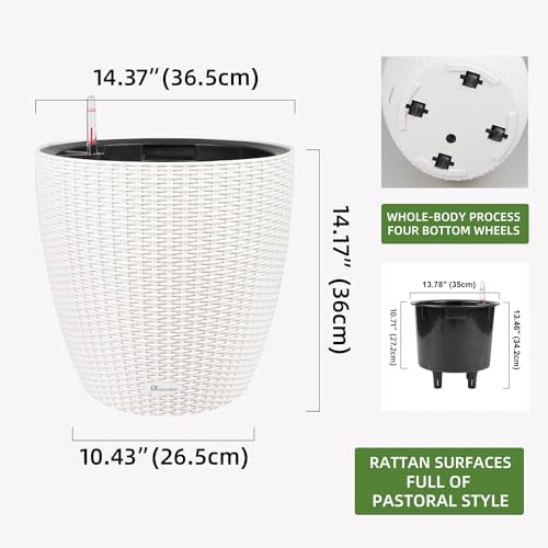 Dexceder 15x14 Self Watering Planter with Wheels (Ivory White Rattan) - Image 3