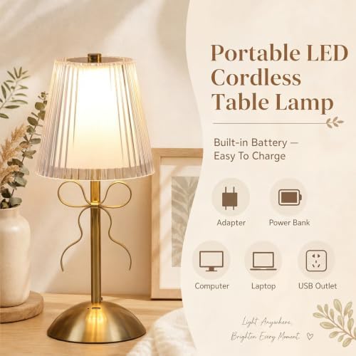 Liliful 2 Pcs Cordless Table Lamp LED Touch, Gold, Hollow Lined Style Bow - Image 3
