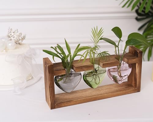 Kingbuy 3-Heart Plant Terrarium Kit - Stained Glass Vase Propagation Station with Vintage Wood Stand - Wall-Mounted & Tabletop Indoor Garden Decor for Home Kitchen Wedding (Grey, Green, Pink) - Image 4