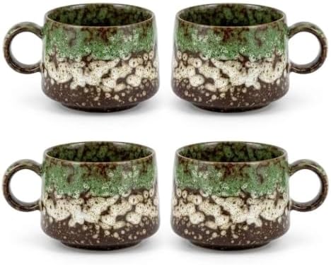 Japanese Tea Cups Set of 4pcs, 7oz Elegant Ceramic Matcha Cups with Flat Base, Darker Coffee Mugs,teacup with handle Microwave & Dishwasher Safe Green by Unknown