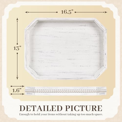 Wooden Decorative Tray, Rustic Serving Tray with Wood Bead, Farmhouse Big Tray for Ottoman, Countertop, Coffee Tabl, 16.5" x 13"x 1.6" (Retro White) - Image 2