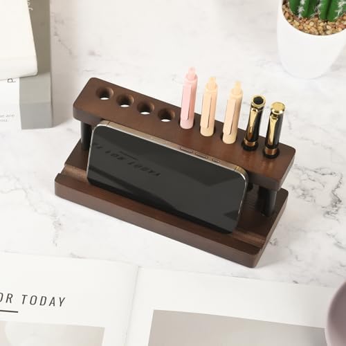 2 Pack Wooden Pen Holder for Desk, Wood Pencil Holder Fountain Pens Display Stand with 9 Slots and Phone Holder, Stylish Office Desk Decor, Pen Organizer for Office, Home - Image 6