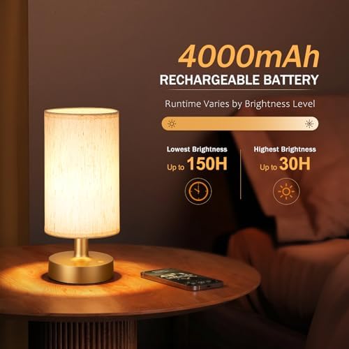 Kakanuo Cordless Table Lamp Rechargeable Small - 1 Pack Beige Gold, 4000mAh Battery Operated Lamp with Touch Control Stepless Dimming, Wireless Lamp for Bedside, Nightstand, Bedroom, Living Room - Image 4
