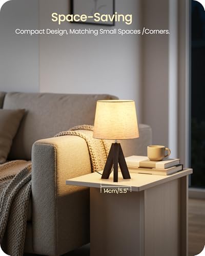 Small Table Lamp for Bedroom, 14.6" Bedside Lamp with Beige Linen Shade & Walnut Wood Tripod Base, Modern Nightstand Lamp for Living Room, Nursery, Entryway, E26 Socket, VE51TL05 - Image 2