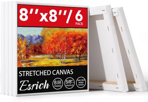 ESRICH Stretched Canvas, 6 Pack 8x8, Primed Acid-Free, Wood Framed Blank Canvas, Art Canvases for Beginners, Artists, Used for Oil, Acrylic Paint, Pouring Painting by ESRICH
