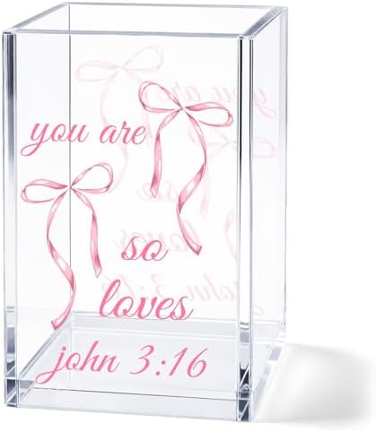 Pink Bow Acrylic Pen Holder Cup, Coquette Desk Decor with Inspirational Bible Verse, Christian Pencil Holder, Cute Office Desk Organizer, Gift for Women by Unknown