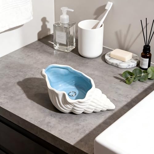 Jewelry Dish Tray For Coastal Beach Room Decor, Cute Ceramic Ring Holder Gift for Mom Sister Women Friends, Decorative Jewelry Organizer Tray for Rings Earrings Necklaces Keys (Blue Conch) - Image 2