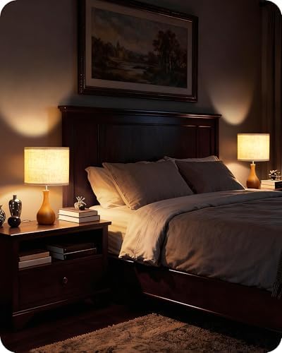 Wood Table Lamps Set of 2, Small Bedside Lamps Set of 2, Beige Linen Lampshade & Dark Pearwood Base, 14.2" Small Table Lamp, Nightstand Lamps for Bedroom, Small Space, E26 Socket, LE09TLP205 - Image 6