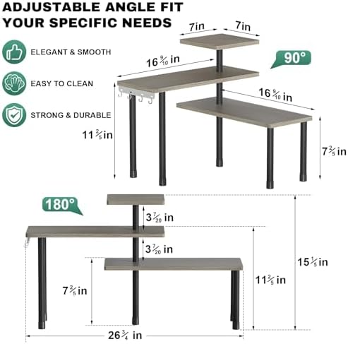 ZHWS Kitchen Countertop Organizer, Bathroom Counter Organizer, Adjustable 3 Tier Corner Shelf with 4 Metal Hooks for Counter Organize, Spice Rack, Makeups, Coffee Station Bookshelf (Rustic Grey) - Image 2