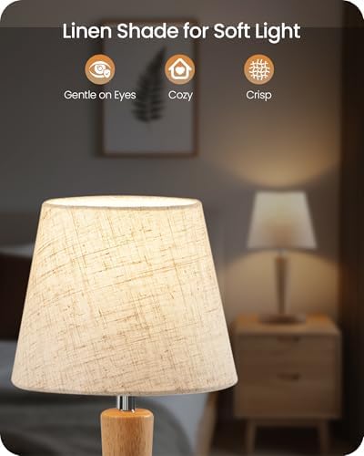 12" Wood Bedside Table Lamps Set of 2, Small Desk Lamps for Small Places, 3 Color Temperatures with Memory, Beige Linen Shade & E26 Bulbs, for Bedroom Living Room Office ME13TLP205 - Image 4