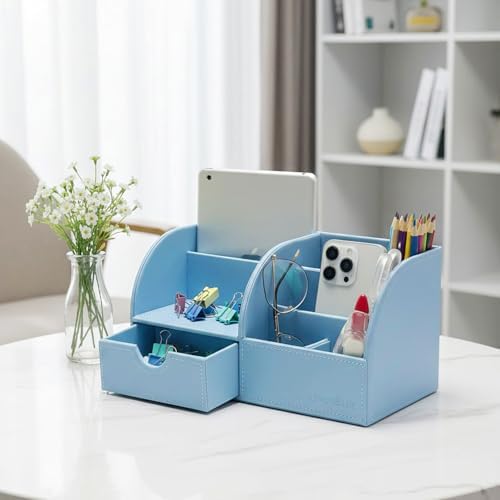 UnionBasic Desk Organizer - Multifunctional Leather Desktop Pen Holder Storage Box - Business Card/Pen/Pencil/Mobile Phone/Stationery Holder, Blue - Image 4