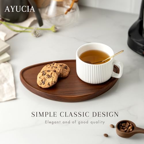 Pretty Ceramic Coffee Cups with Solid Wood Plates Set of 2 for Tea/Coffee Break, 8OZ White Cappuccino Cups with 9.4inch Acacia Serving Saucers and Spoons for Latte Dessert Breakfast - Image 6