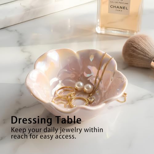 Mecaikru Ceramic Jewelry Dish, 3.5 in Flower Ring Tray, Iridescent Finish - Image 3