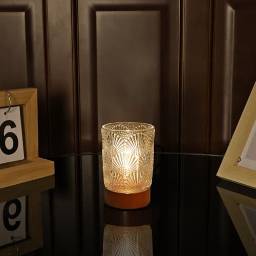 Battery Operated Night Light with Timer, Aesthetic Cordless Battery Powered Decorative Glass Lamp,Small Cozy Nightlight for Dorm,Mini Lamps for Nightstand,Bathroom,Bedroom,Warm (Fan-shaped pattern) by Unknown