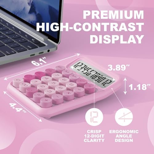 CATIGA Mechanical Switch Calculator, Pink Calculator with 12 Digit Large LCD Display & Big Buttons for Office Desk, Classroom Math, Back to School Supplies, Cute Aesthetic Desk Accessories - Image 2