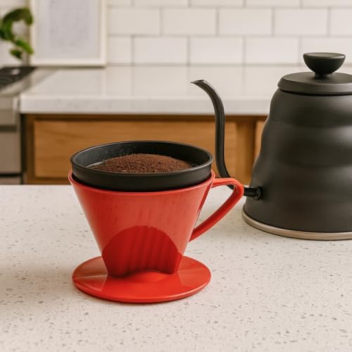 Fino Pour-Over Reusable Coffee Brewing Cone with Gold-Toned Mesh Permanent Coffee Filter, Number 2-Size, Red - Image 2