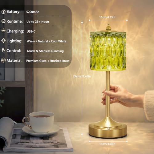 Cordless Table Lamp, 5200mAh Rechargeable Green Glass Touch Lamp - Image 4