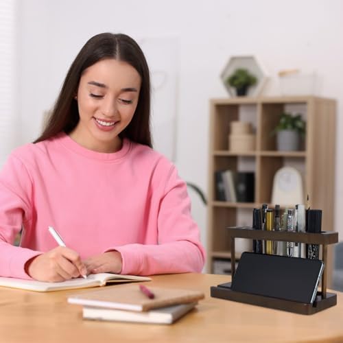 FINGERINSPIRE Pencil & Pen Holder for Desk Pine Wood Pen Display Stand with 15 Slots and Cell Phone Rack Coconut Brown Aesthetic Pencil Organizer for Office Desk Decor Fountain Holders - Image 5