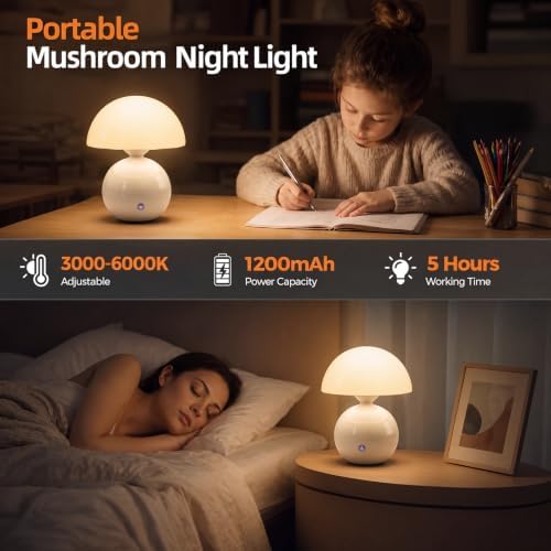 Senzoy Glass/Ceramic Mushroom Table Lamp, White Bedside Night Lamp - Image 2
