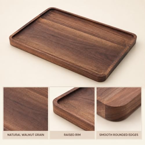 Walnut Wood Serving Tray, 13.4 x 9 Inch Rectangular Platter with Raised Rim - Image 5