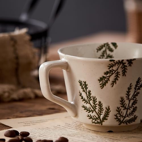 12 oz Vintage Ceramic Coffee Mug Set of 4 - Handmade Stoneware Pottery Countryside Farmhouse Fall Autumn Tea Mugs with Big Handle for Latte,Cocoa,Dishwasher & Microwave Safe Cups (Plants) - Image 5