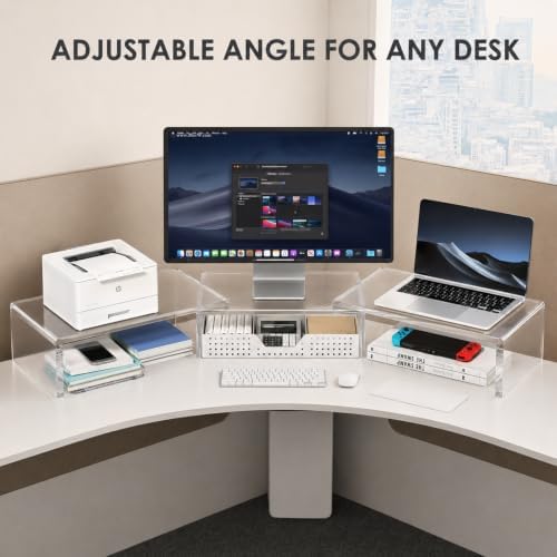 OPNICE Clear Acrylic Desk Organizers and Accessories, Dual Monitor Stand Riser with Drawer and 2 Pen Holders, Desk Shelf Printer Stand for Office Workspace Organizers, Desktop Organization (Transparent) - Image 3