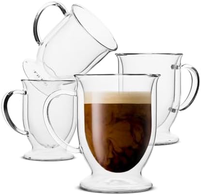 BTaT- Double Walled Glass Coffee Mugs, 12 oz, Set of 4, Glass Coffee Cups with Handle, Insulated Clear Coffee Mug for Hot and Cold Beverages, Cappuccino, Latte, Tea, Americano, Microwave Safe by BrewToATea