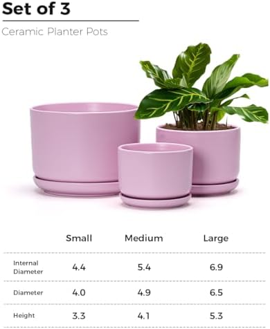 Plant Pots,Ceramic Planters with Drainage Holes&Saucer Set of 3(Matte Pink) - Image 3