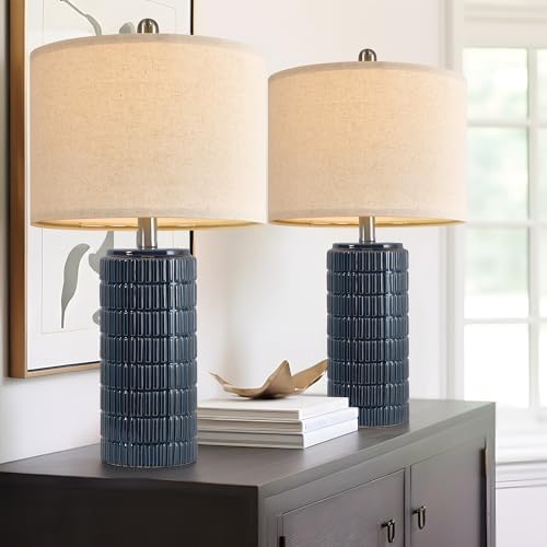 PoKat 23" Blue Table Lamps, Farmhouse Bedside Lamps for Bedroom Set of 2, Ceramic End Table Lamps for Living Room, Traditional Nightstand Desk Lamps, Medium - Image 6