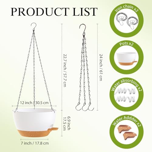 12 Inch Hanging Baskets 2 PC with Chains, Self-Watering Hanging Planters for Indoor Outdoor Plants, Plastic Hanging Flower Pots,White Brown - Image 2