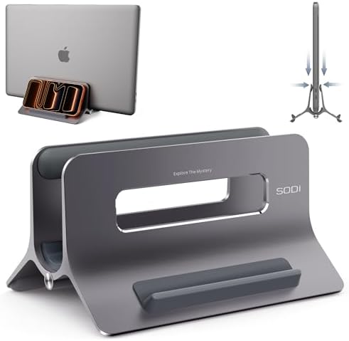 SODI Vertical Laptop Stand for Desk, Gravity Auto Lock MacBook Stand, Aluminum Laptop Holder Vertical Compatible with MacBook Pro, Air, Tablet, Space-Saving Organize Work & Home Office, Gray by SODI