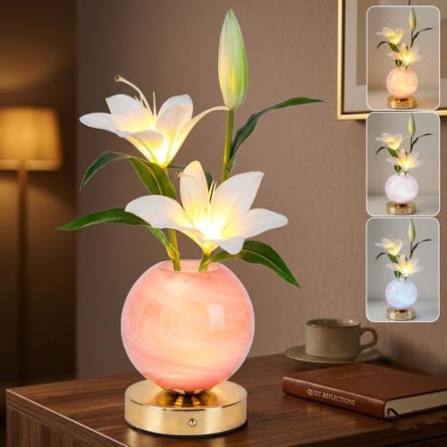 Lily Table Lamp, 3 Color Planet Night Light, Rechargeable Cordless Touch Dimming Artificial Flower Light, LED Flower Bedside Lamp Romantic Gifts for Girl Women Mom (White Lily - Pink Vase) by Strackvial