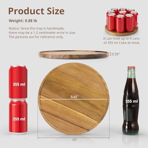 10 Inch Acacia Wood Round Tray, Wooden Decorative Coffee Table Tray Centerpiece Candle Holder for Farmhouse Kitchen Dining Room Home Bathroom Decor Coffee Table Decor and Accessories - Image 2