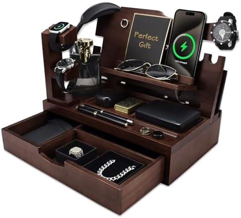 Nightstand Organizer for Men with Big Drawer Gift for Men Espresso by KWYADLUO
