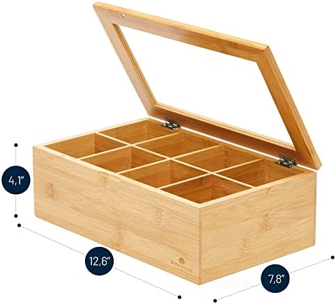 Big Natural Bamboo Tea Storage Organizer, Clear Acrylic Top, 8 Compartments - Image 3