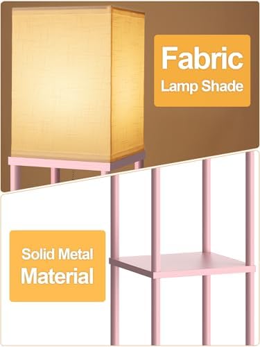 Pink Floor Lamp with Shelves for Living Room, Shelf Floor Lamp with 3 CCT LED Bulb, Corner Display Standing Column Lamp Etagere Organizer Tower Nightstand with White Linen Shade for Bedroom, Office - Image 4