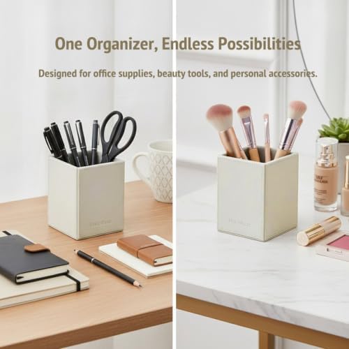 UnionBasic Square Pen Holder, Leather Pencil Cup, Desktop Caddy Stationery Organizer, Creamy White - Image 2